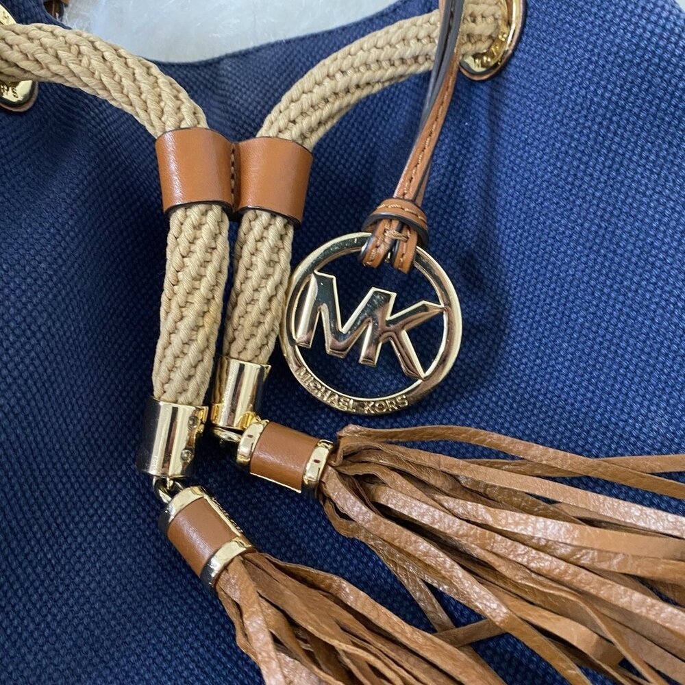 Michael Kors Marina Purse Navy Blue Canvas Brown Leather Tote Bag Bucket Bag - Picture 12 of 16